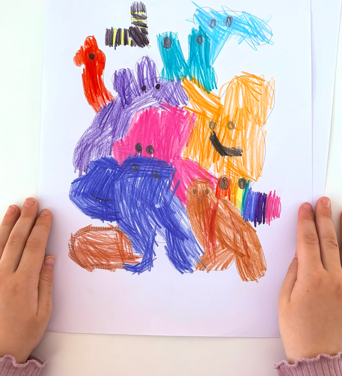 Fan-Kunst eines Kindes: Lobmob Zoo Friends Malvorlage, bunt ausgemalt mit Buntstiften